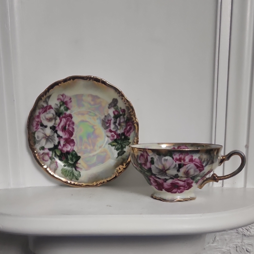 Floral Teacup and Saucer Set with Gold Accents